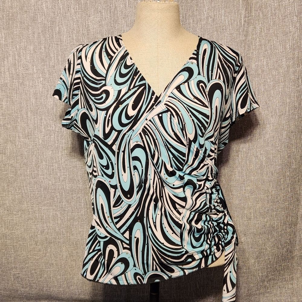 Brittany Black Blue and Black Blouse Glitter Dots Size Large V Neck